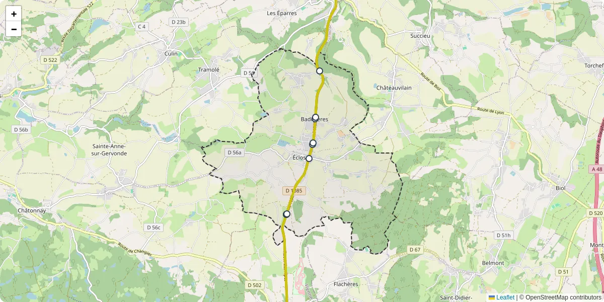 Carte du réseau de transport en commun à Éclose-Badinières - lignes de bus et arrêts