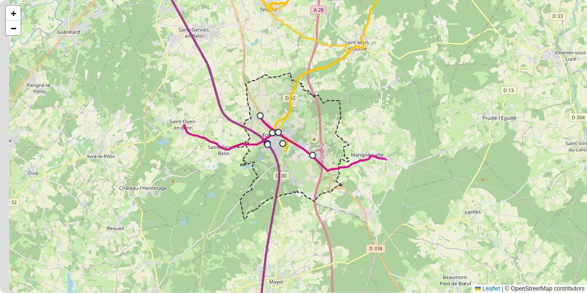 Carte du réseau de transport en commun à Écommoy - lignes de bus et arrêts