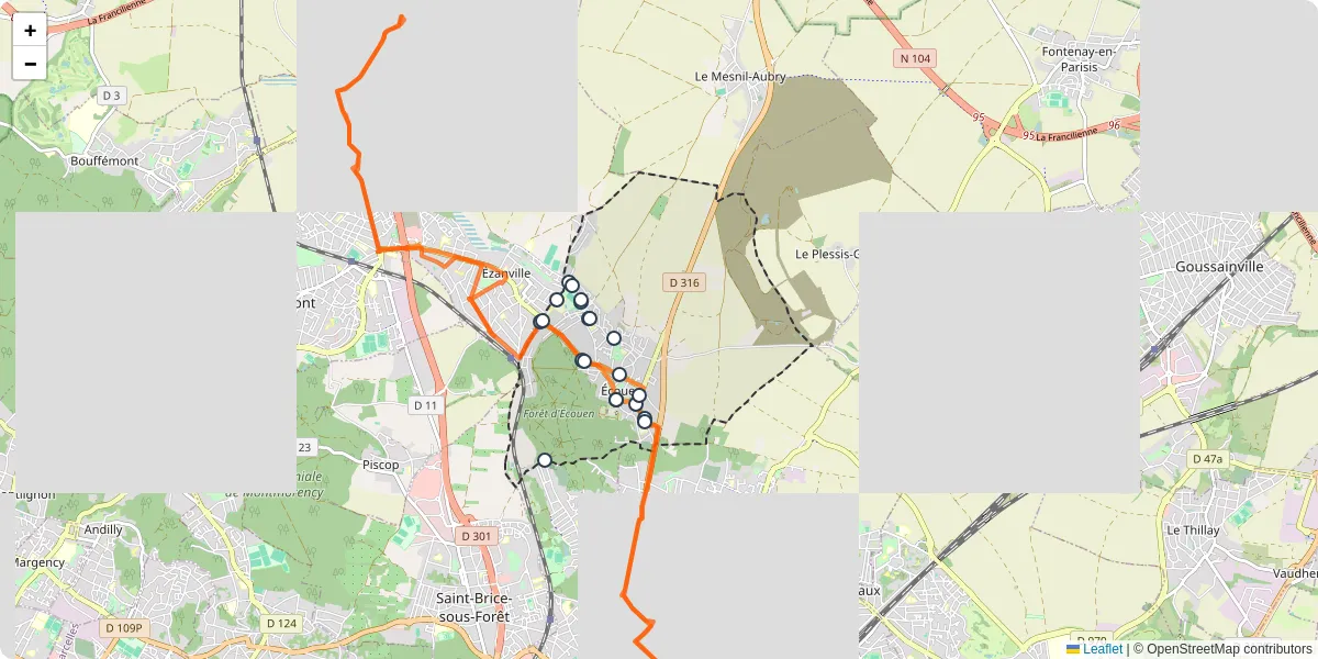 Carte du réseau de transport en commun à Écouen - lignes de bus et arrêts
