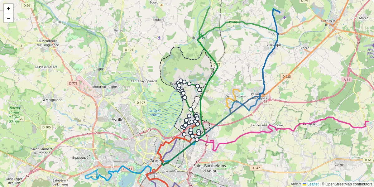 Carte du réseau de transport en commun à Écouflant - lignes de bus et arrêts