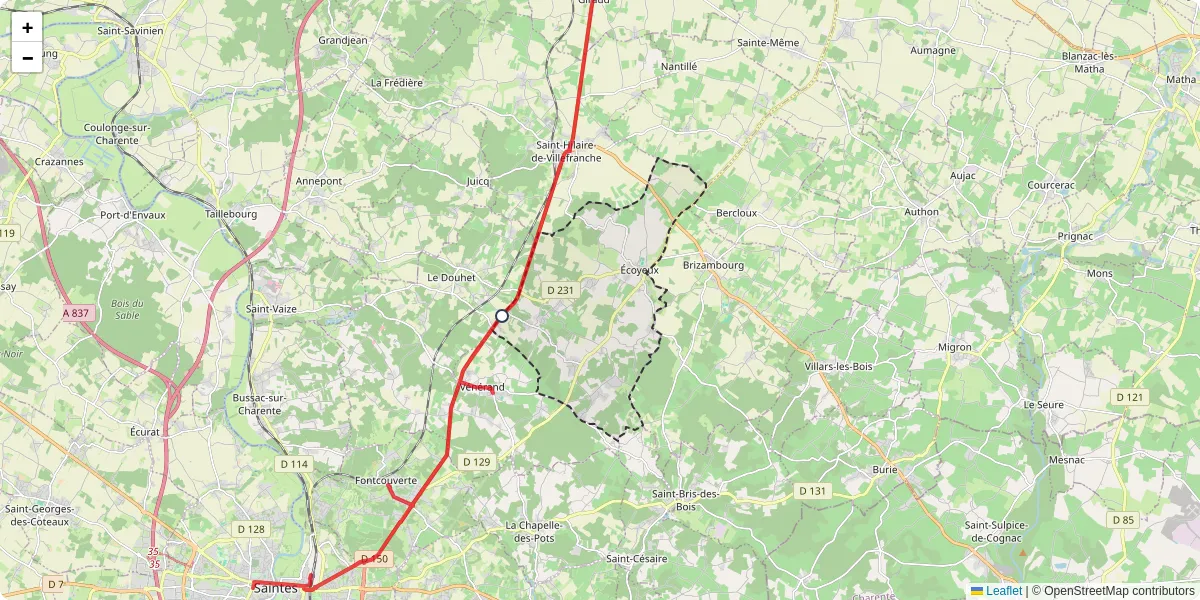 Carte du réseau de transport en commun à Écoyeux - lignes de bus et arrêts