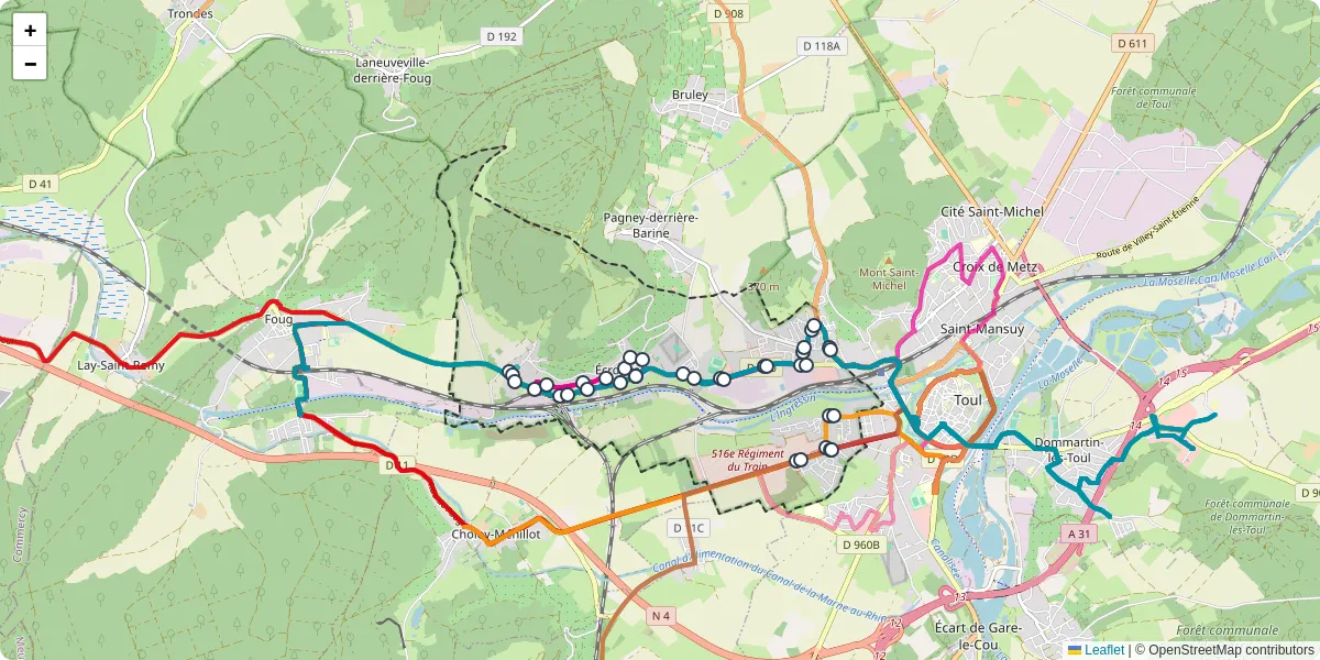 Carte du réseau de transport en commun à Écrouves - lignes de bus et arrêts