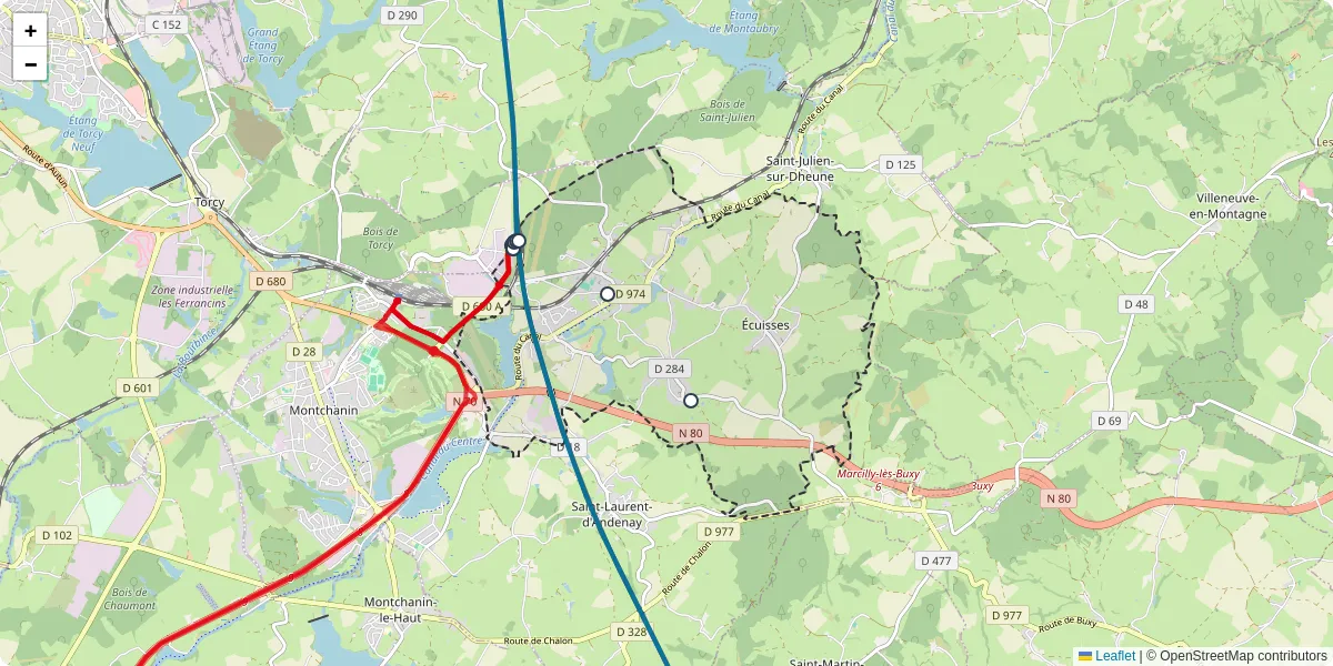 Carte du réseau de transport en commun à Écuisses - lignes de bus et arrêts