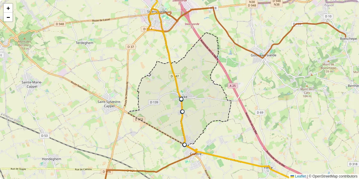 Carte du réseau de transport en commun à Eecke - lignes de bus et arrêts
