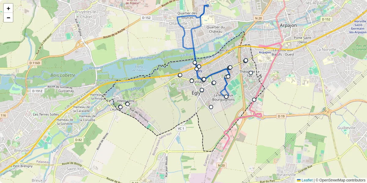 Carte du réseau de transport en commun à Égly - lignes de bus et arrêts