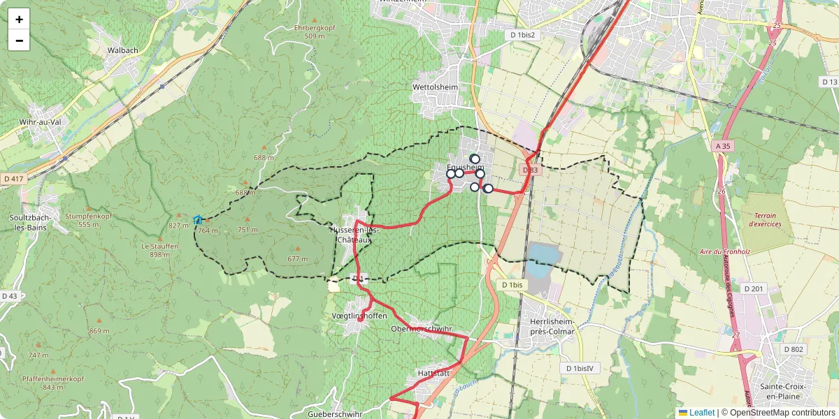 Carte du réseau de transport en commun à Eguisheim - lignes de bus et arrêts