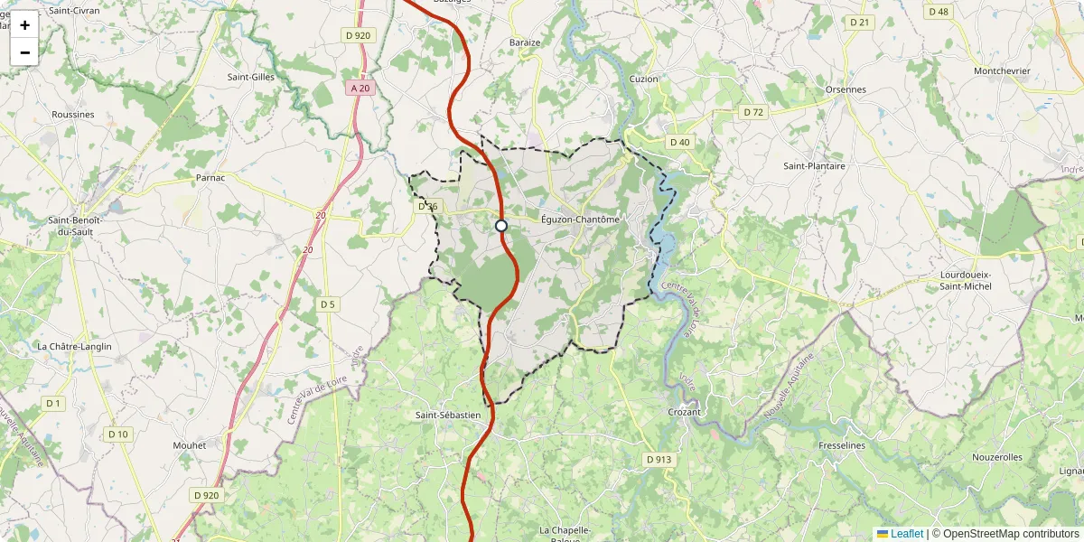 Carte du réseau de transport en commun à Éguzon-Chantôme - lignes de bus et arrêts