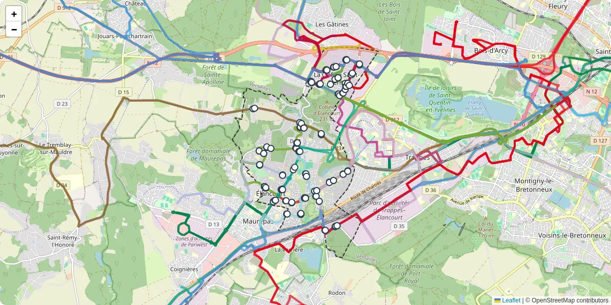 Carte du réseau de transport en commun à Élancourt - lignes de bus et arrêts
