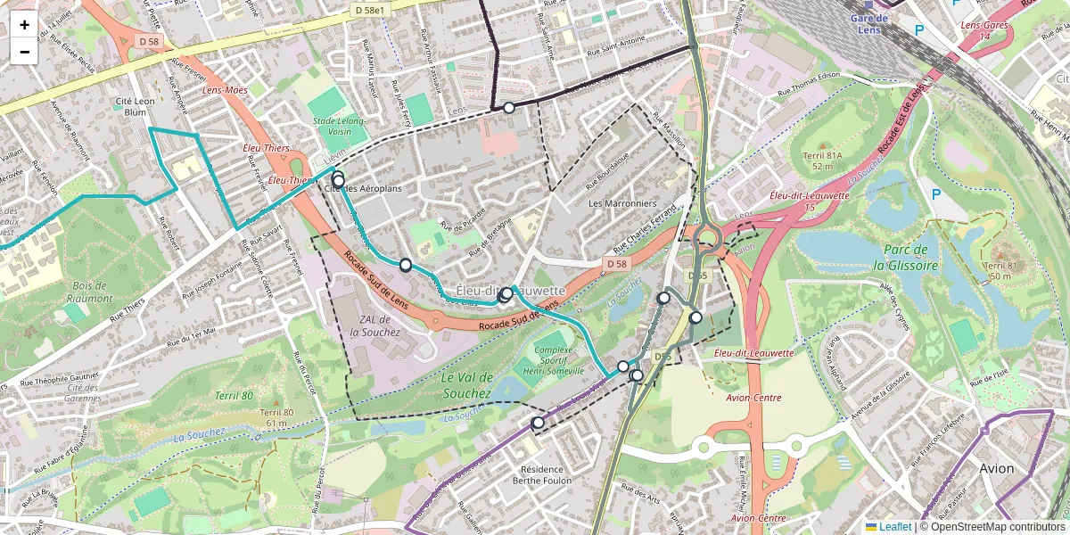 Carte du réseau de transport en commun à Éleu-dit-Leauwette - lignes de bus et arrêts