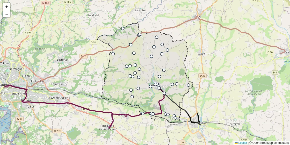 Carte du réseau de transport en commun à Elliant - lignes de bus et arrêts