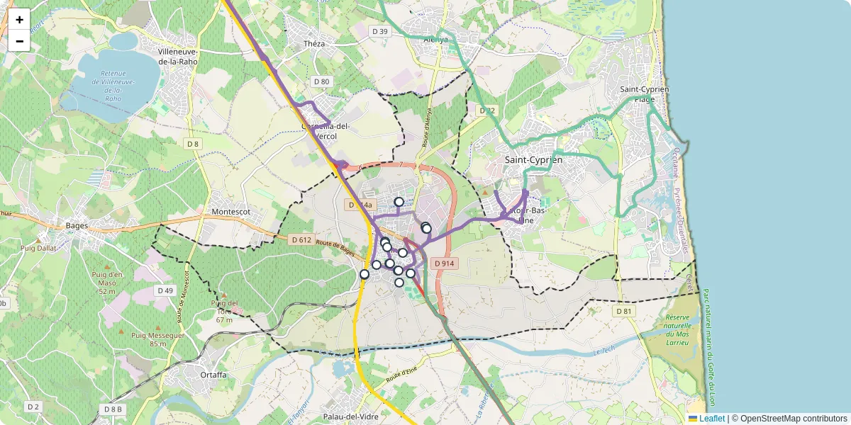 Carte du réseau de transport en commun à Elne - lignes de bus et arrêts