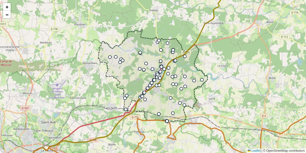 Carte du réseau de transport en commun à Elven - lignes de bus et arrêts
