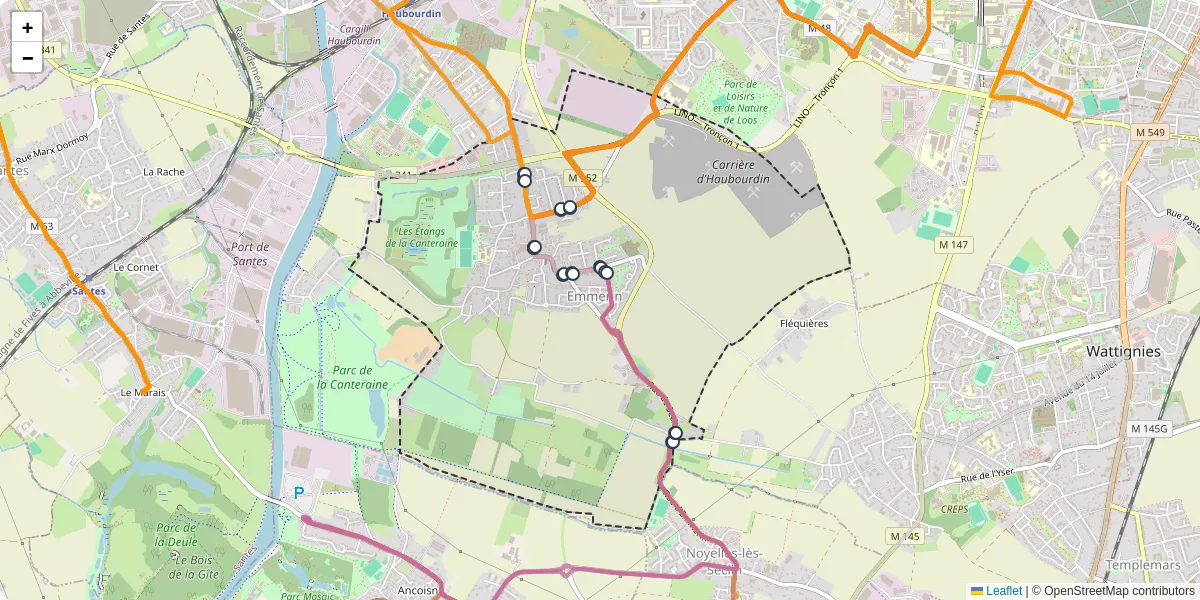 Carte du réseau de transport en commun à Emmerin - lignes de bus et arrêts