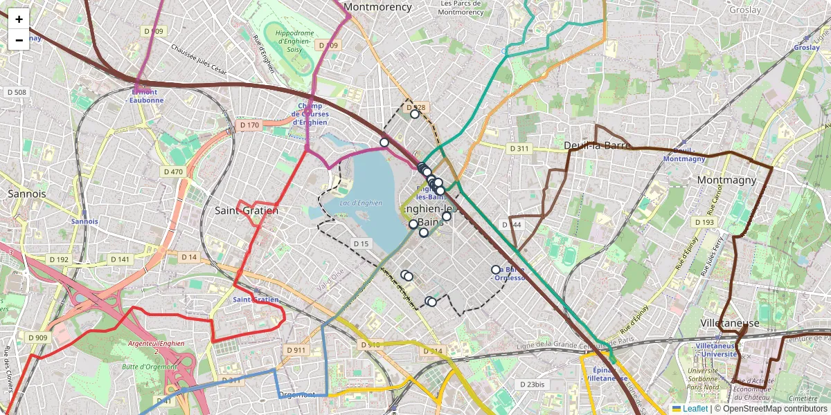 Carte du réseau de transport en commun à Enghien-les-Bains - lignes de bus et arrêts