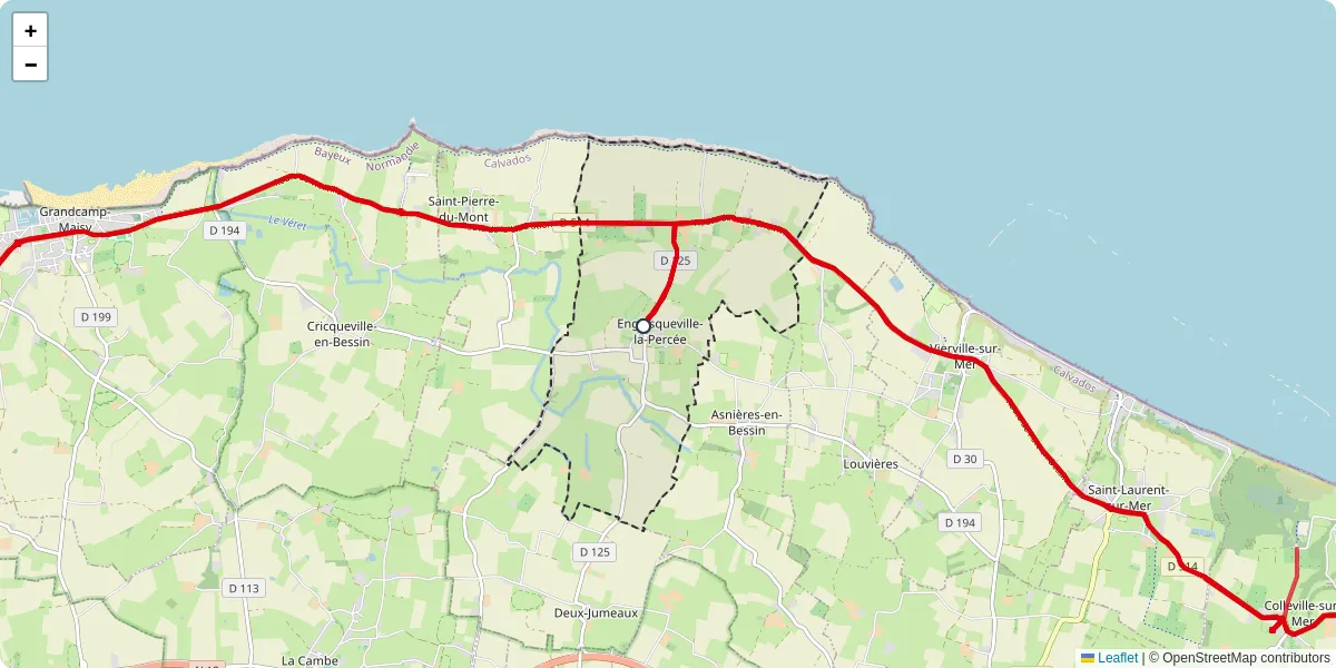 Carte du réseau de transport en commun à Englesqueville-la-Percée - lignes de bus et arrêts