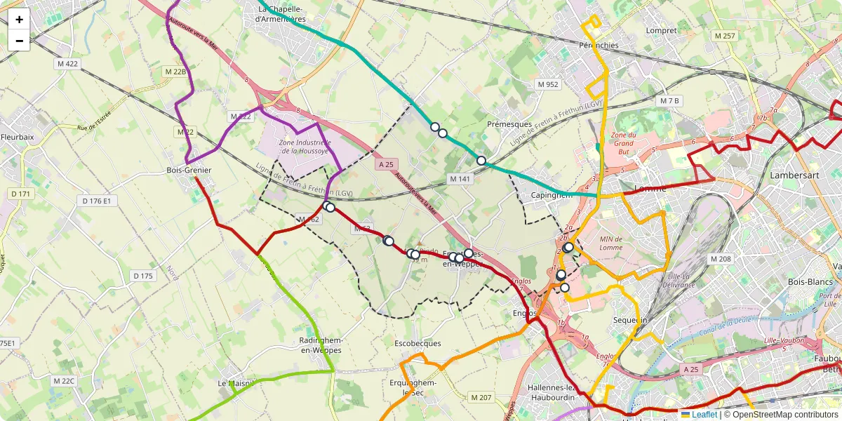 Carte du réseau de transport en commun à Ennetières-en-Weppes - lignes de bus et arrêts