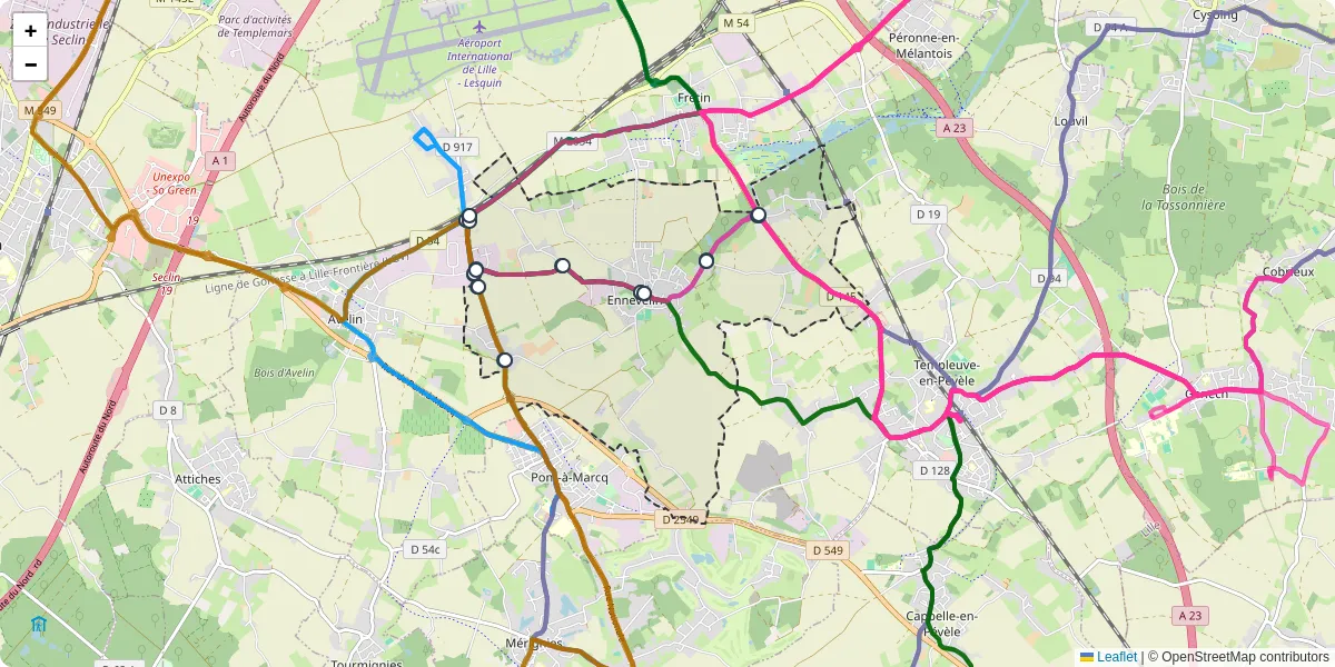 Carte du réseau de transport en commun à Ennevelin - lignes de bus et arrêts