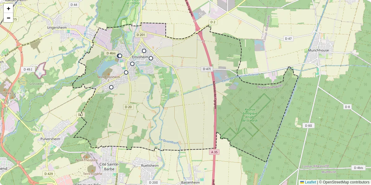 Carte du réseau de transport en commun à Ensisheim - lignes de bus et arrêts