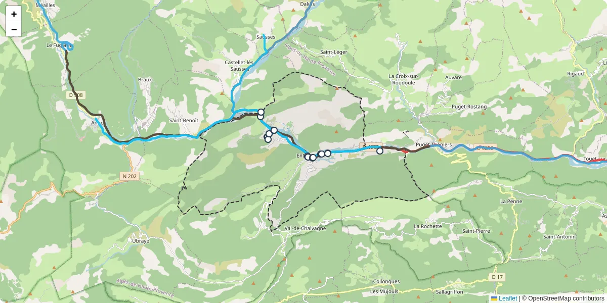 Carte du réseau de transport en commun à Entrevaux - lignes de bus et arrêts