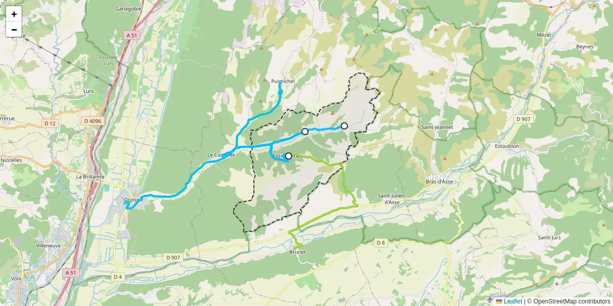 Carte du réseau de transport en commun à Entrevennes - lignes de bus et arrêts