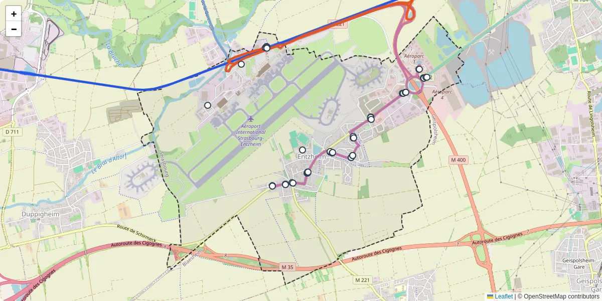 Carte du réseau de transport en commun à Entzheim - lignes de bus et arrêts