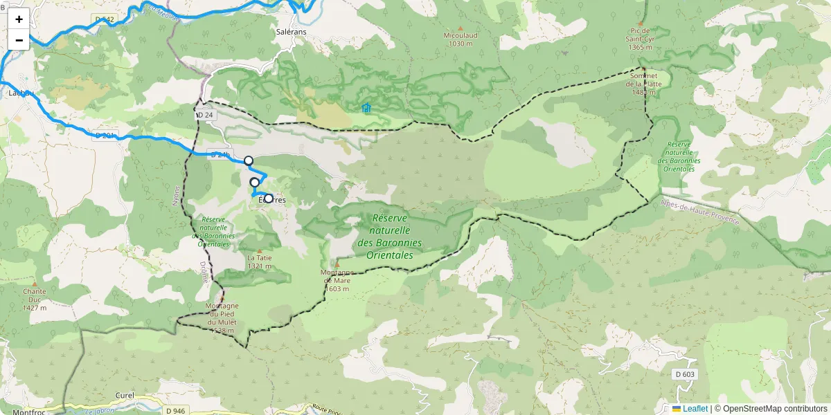 Carte du réseau de transport en commun à Éourres - lignes de bus et arrêts