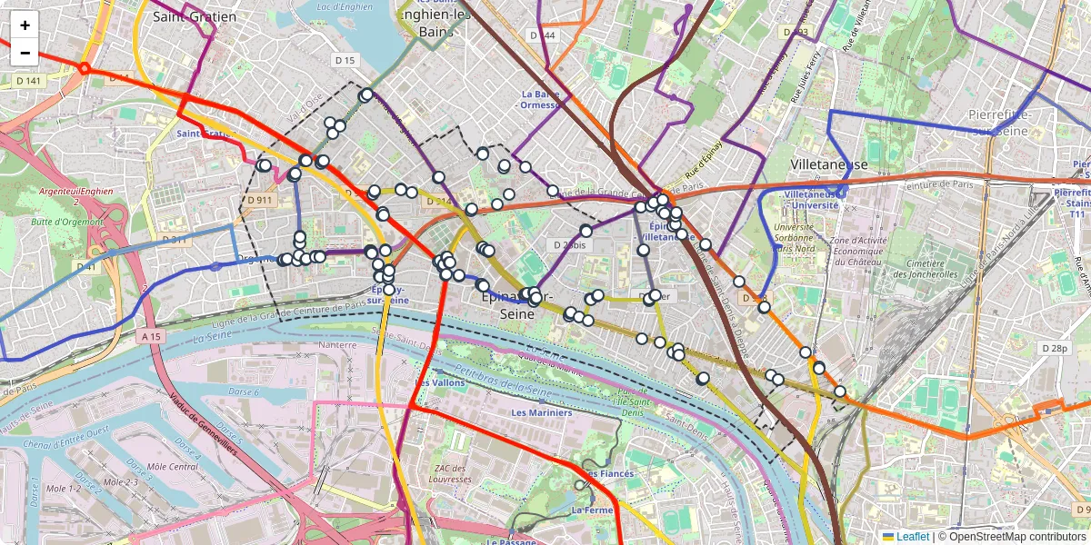 Carte du réseau de transport en commun à Épinay-sur-Seine - lignes de bus et arrêts