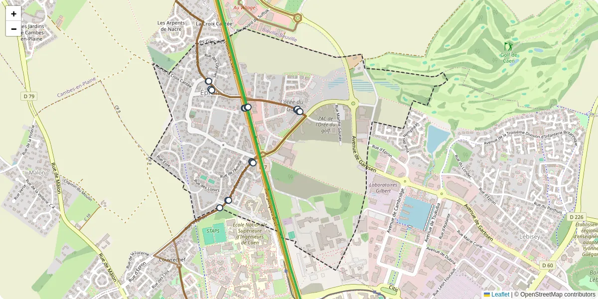 Carte du réseau de transport en commun à Épron - lignes de bus et arrêts