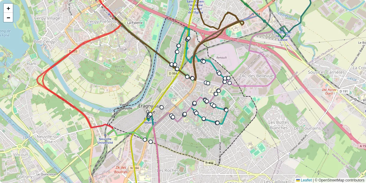 Carte du réseau de transport en commun à Éragny-sur-Oise - lignes de bus et arrêts