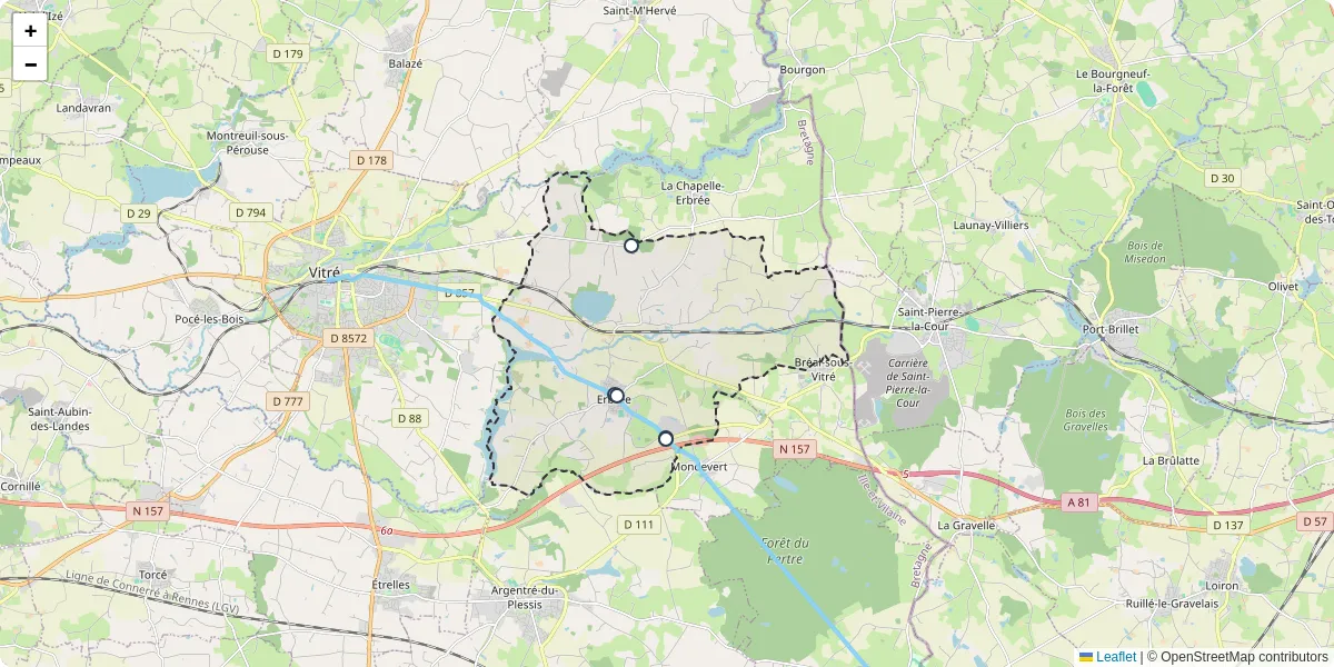 Carte du réseau de transport en commun à Erbrée - lignes de bus et arrêts