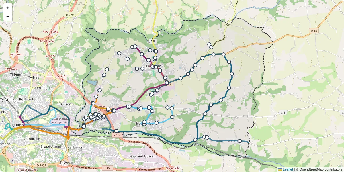 Carte du réseau de transport en commun à Ergué-Gabéric - lignes de bus et arrêts