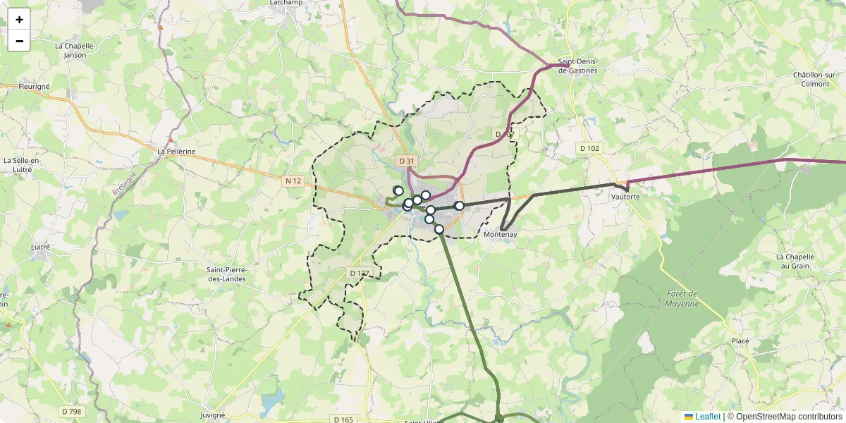 Carte du réseau de transport en commun à Ernée - lignes de bus et arrêts