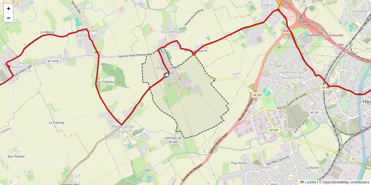 Carte du réseau de transport en commun à Erquinghem-le-Sec - lignes de bus et arrêts