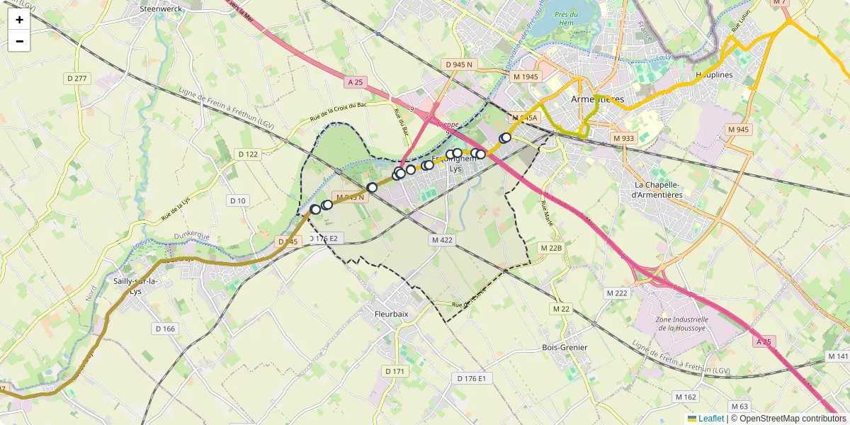 Carte du réseau de transport en commun à Erquinghem-Lys - lignes de bus et arrêts