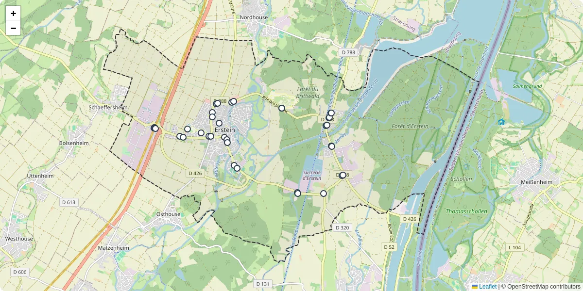 Carte du réseau de transport en commun à Erstein - lignes de bus et arrêts