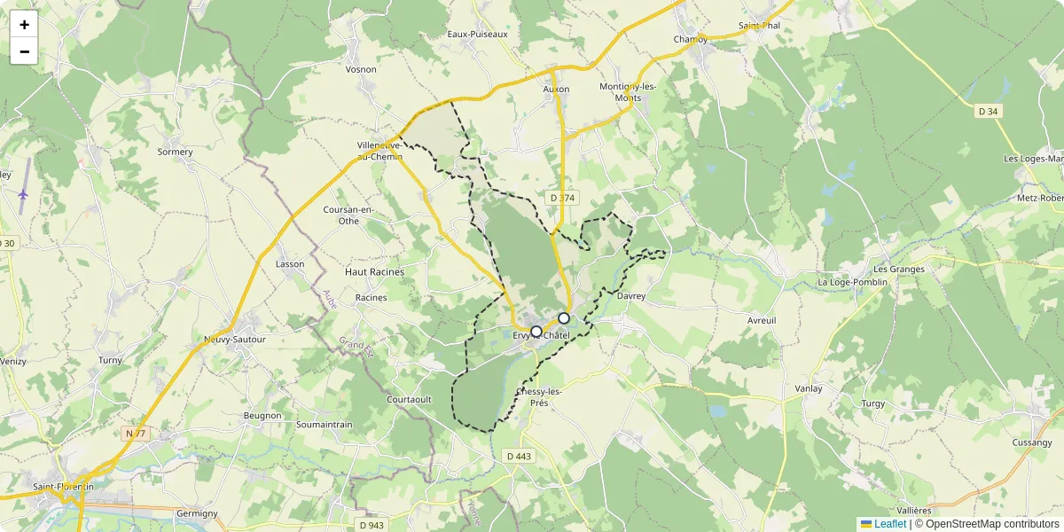 Carte du réseau de transport en commun à Ervy-le-Châtel - lignes de bus et arrêts