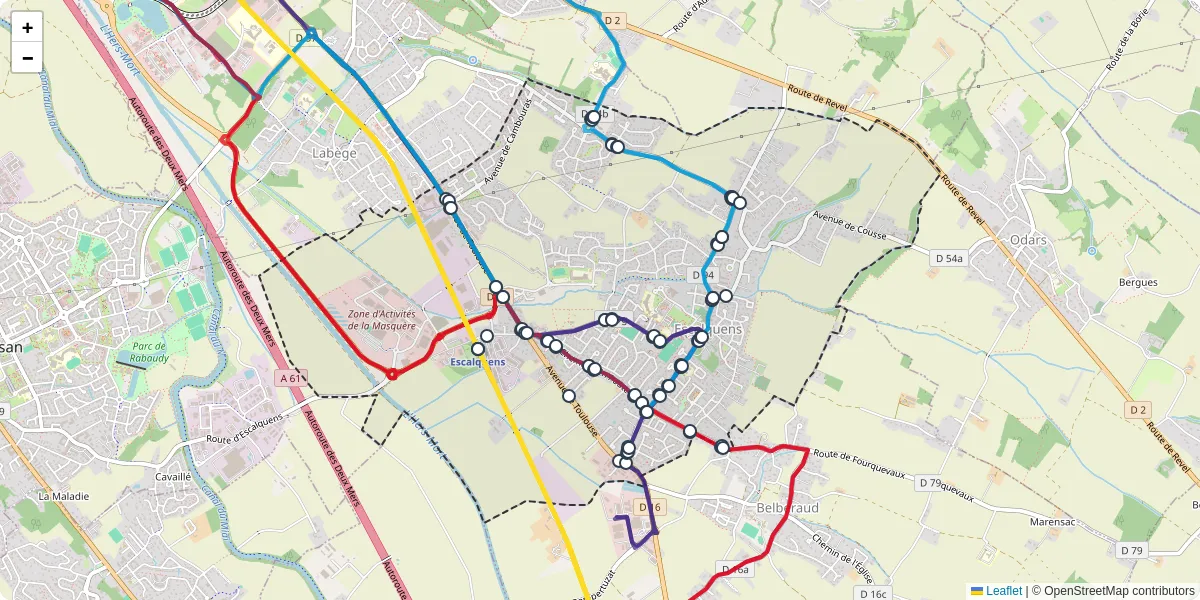 Carte du réseau de transport en commun à Escalquens - lignes de bus et arrêts
