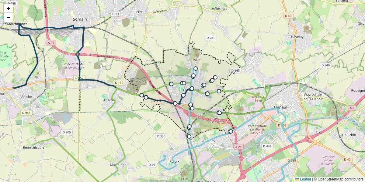 Carte du réseau de transport en commun à Escaudain - lignes de bus et arrêts
