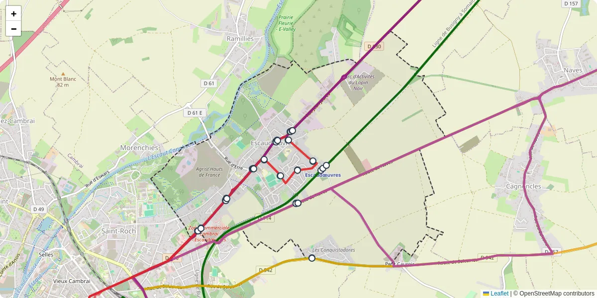 Carte du réseau de transport en commun à Escaudœuvres - lignes de bus et arrêts