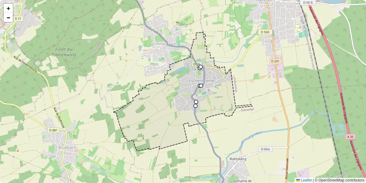 Carte du réseau de transport en commun à Eschentzwiller - lignes de bus et arrêts