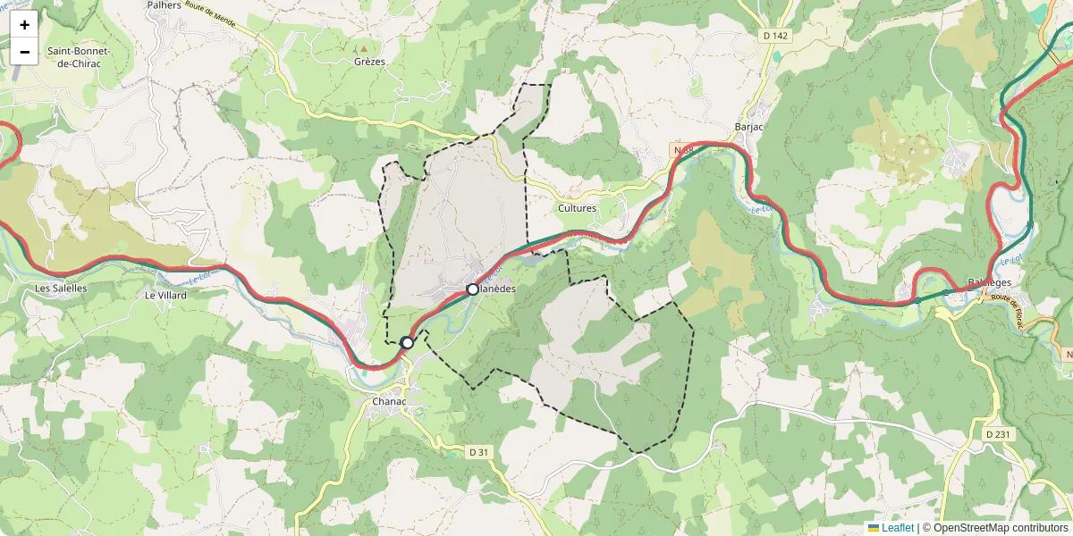 Carte du réseau de transport en commun à Esclanèdes - lignes de bus et arrêts