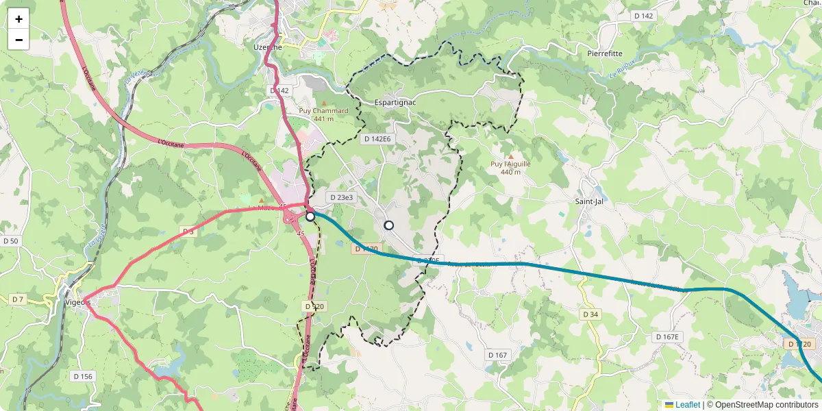 Carte du réseau de transport en commun à Espartignac - lignes de bus et arrêts