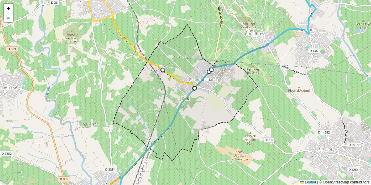 Carte du réseau de transport en commun à Espondeilhan - lignes de bus et arrêts