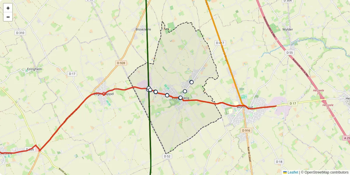 Carte du réseau de transport en commun à Esquelbecq - lignes de bus et arrêts
