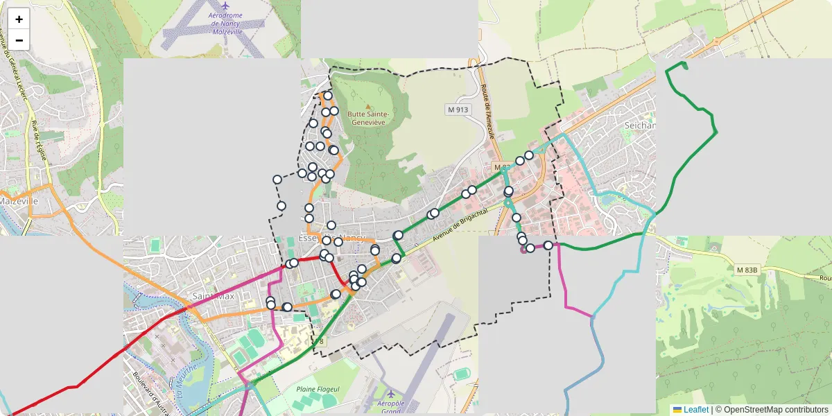 Carte du réseau de transport en commun à Essey-lès-Nancy - lignes de bus et arrêts