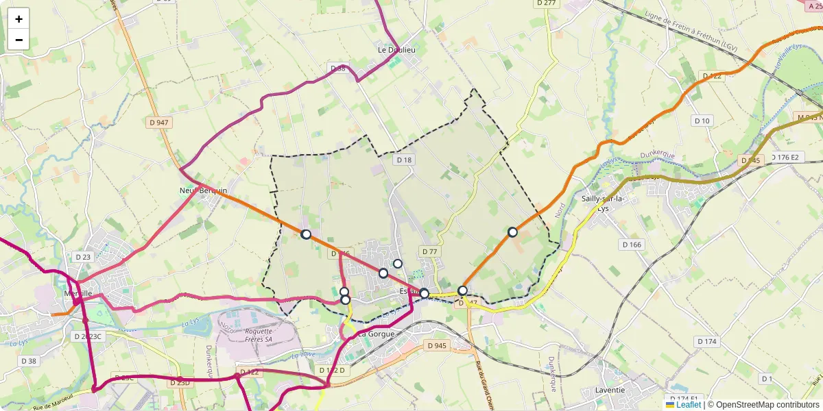 Carte du réseau de transport en commun à Estaires - lignes de bus et arrêts