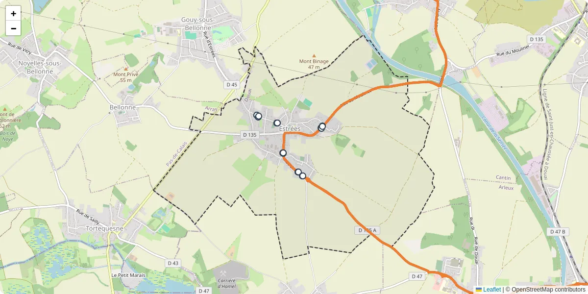 Carte du réseau de transport en commun à Estrées - lignes de bus et arrêts