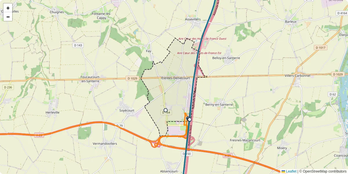 Carte du réseau de transport en commun à Estrées-Deniécourt - lignes de bus et arrêts