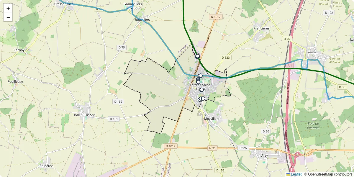 Carte du réseau de transport en commun à Estrées-Saint-Denis - lignes de bus et arrêts