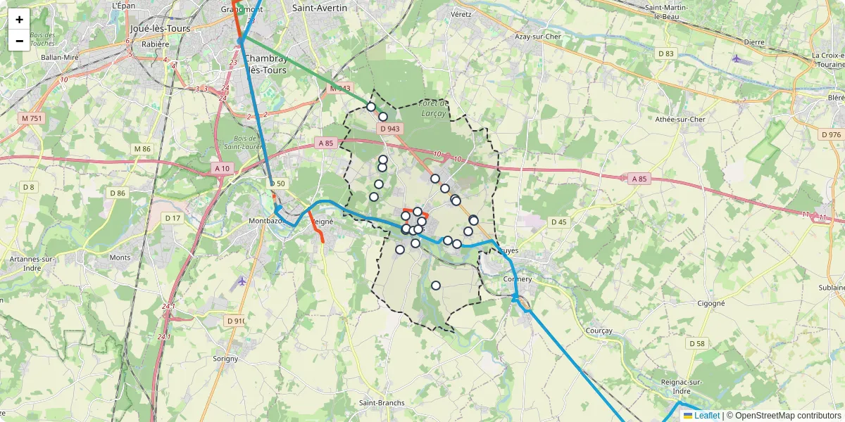 Carte du réseau de transport en commun à Esvres - lignes de bus et arrêts